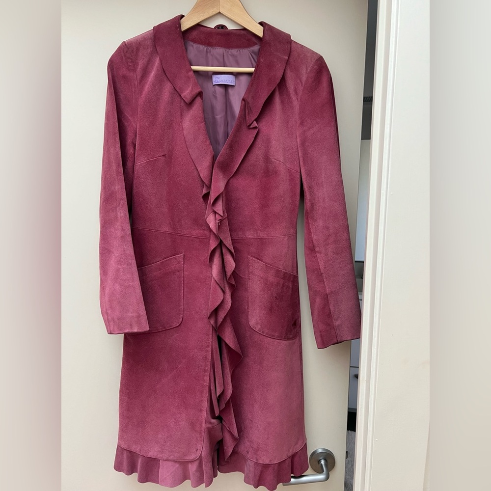 Calypso Raspberry Suede Ruffle Front Trench Coat - image 1